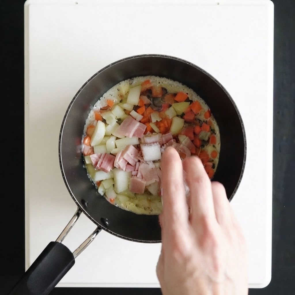 Une main assaisonnant des carottes, des oignons et du bacon en dés en train de cuire dans une casserole.