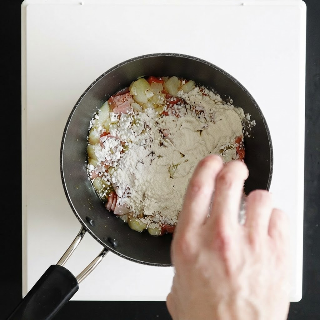 Une main incorporant de la farine blanche dans une casserole remplie de légumes cuits et de bacon.