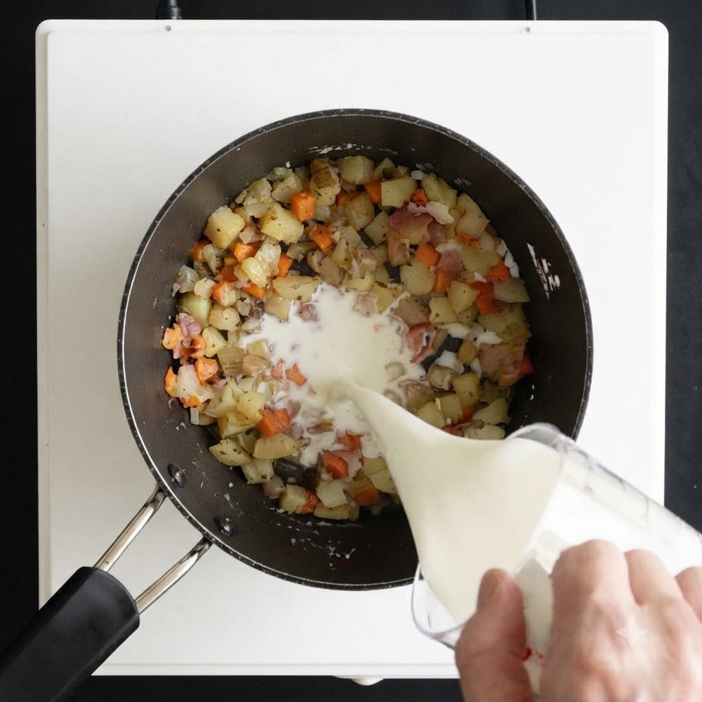 Du lait versé à partir dune tasse à mesurer en verre dans une casserole de légumes cuits.