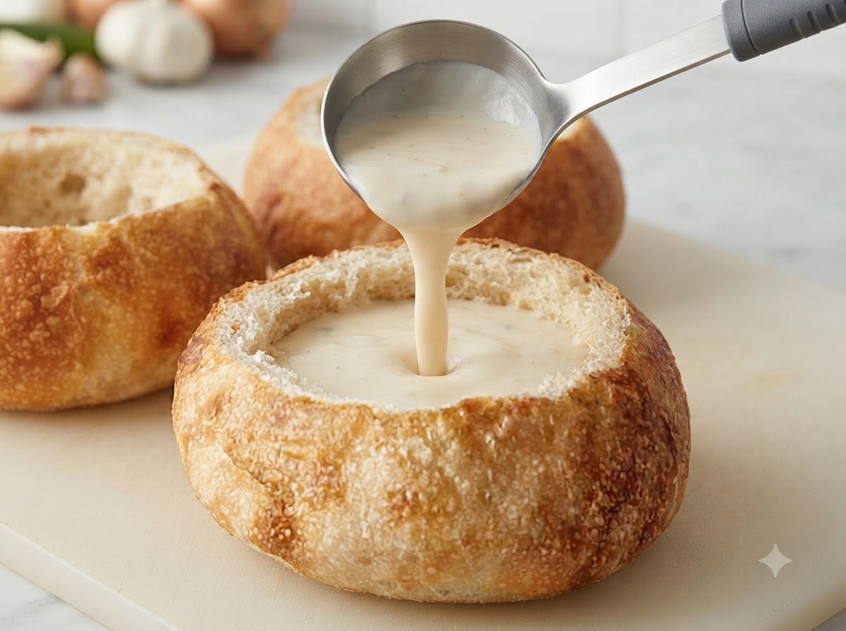 Une louche versant de la soupe crémeuse au centre dun bol de pain rond évidé.