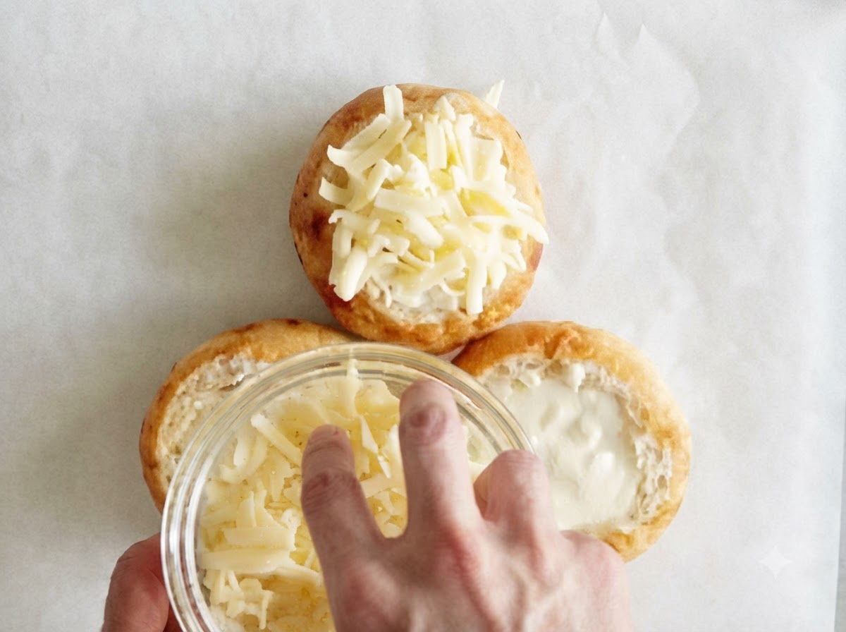 Du fromage râpé saupoudré à la main à partir dun bol en verre sur des bols de pain remplis de soupe.
