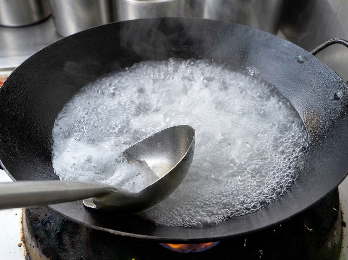 Une louche en métal écumant la mousse blanche à la surface dune casserole de soupe bouillante.