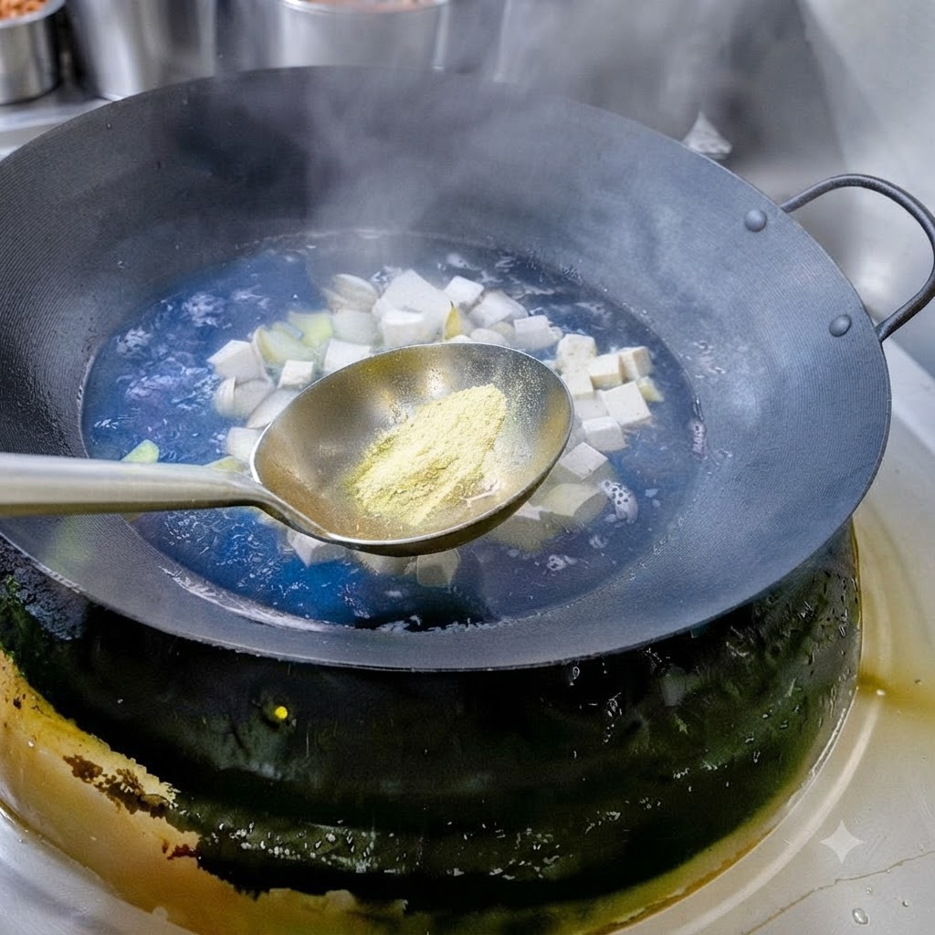 Une cuillerée de sel et de poivre blanc en poudre ajoutée dans une marmite de soupe bouillonnante.