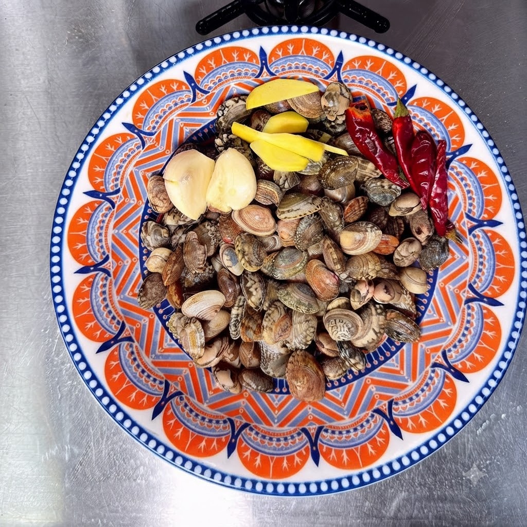Palourdes nettoyées, tranches de gingembre, gousses dail et piments séchés disposés sur une assiette à motifs aux couleurs vives.