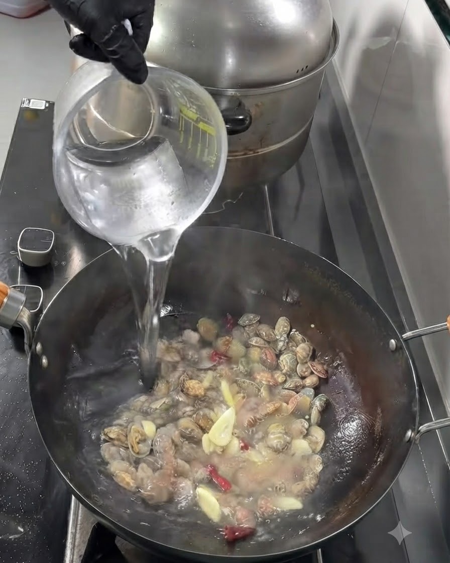 Eau chaude versée dune tasse à mesurer dans le wok contenant les ingrédients sautés.