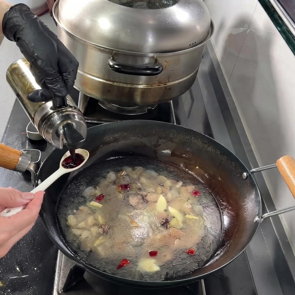 Sauce soja mesurée avec une cuillère et ajoutée au bouillon bouillant dans le wok.