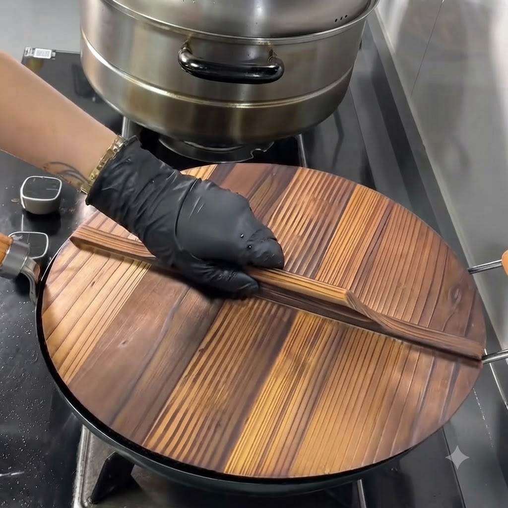 Couvercle en bois placé sur le wok pour couvrir la soupe bouillante.