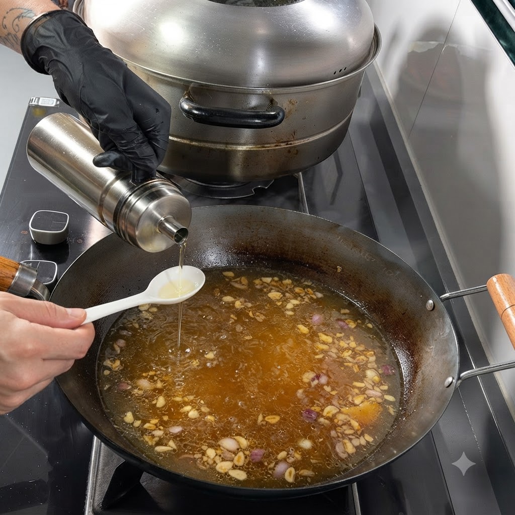 Sauce soja versée dans une cuillère tenue au-dessus dun wok rempli de soupe frémissante et daromatiques.