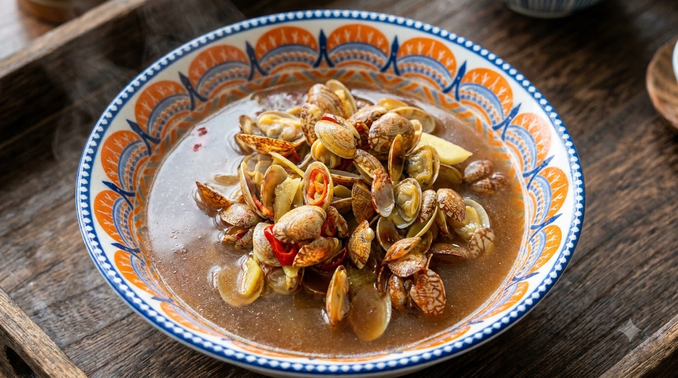 Un bol chaud de soupe de palourdes à la sauce soja garni de piments frais et de gingembre dans un bol à motifs.