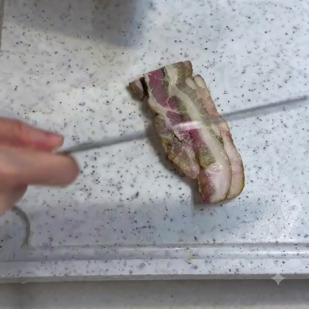 Une tranche de bacon en train dêtre coupée sur une planche à découper blanche.