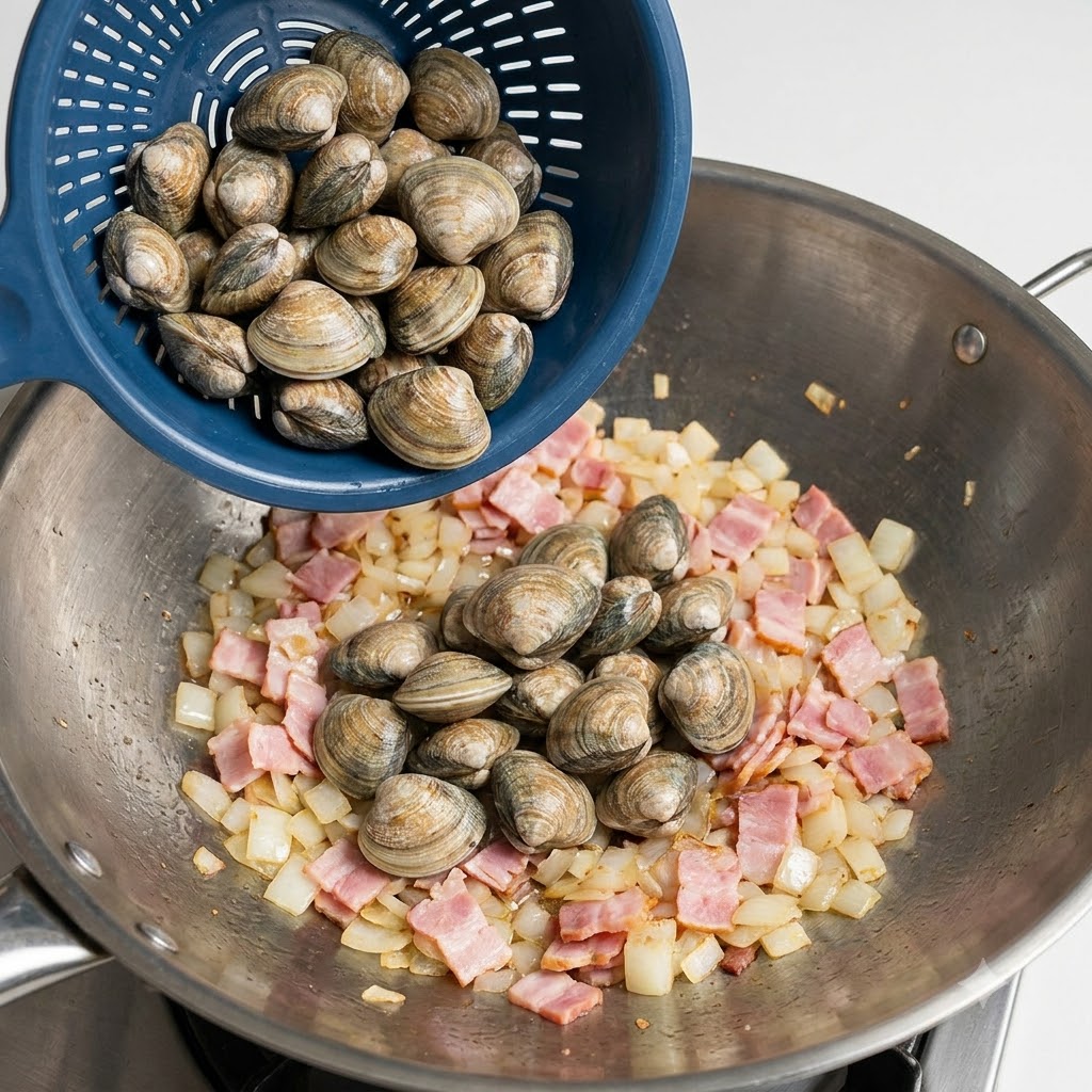 Des palourdes crues ajoutées dans le wok contenant le bacon et les oignons sautés.