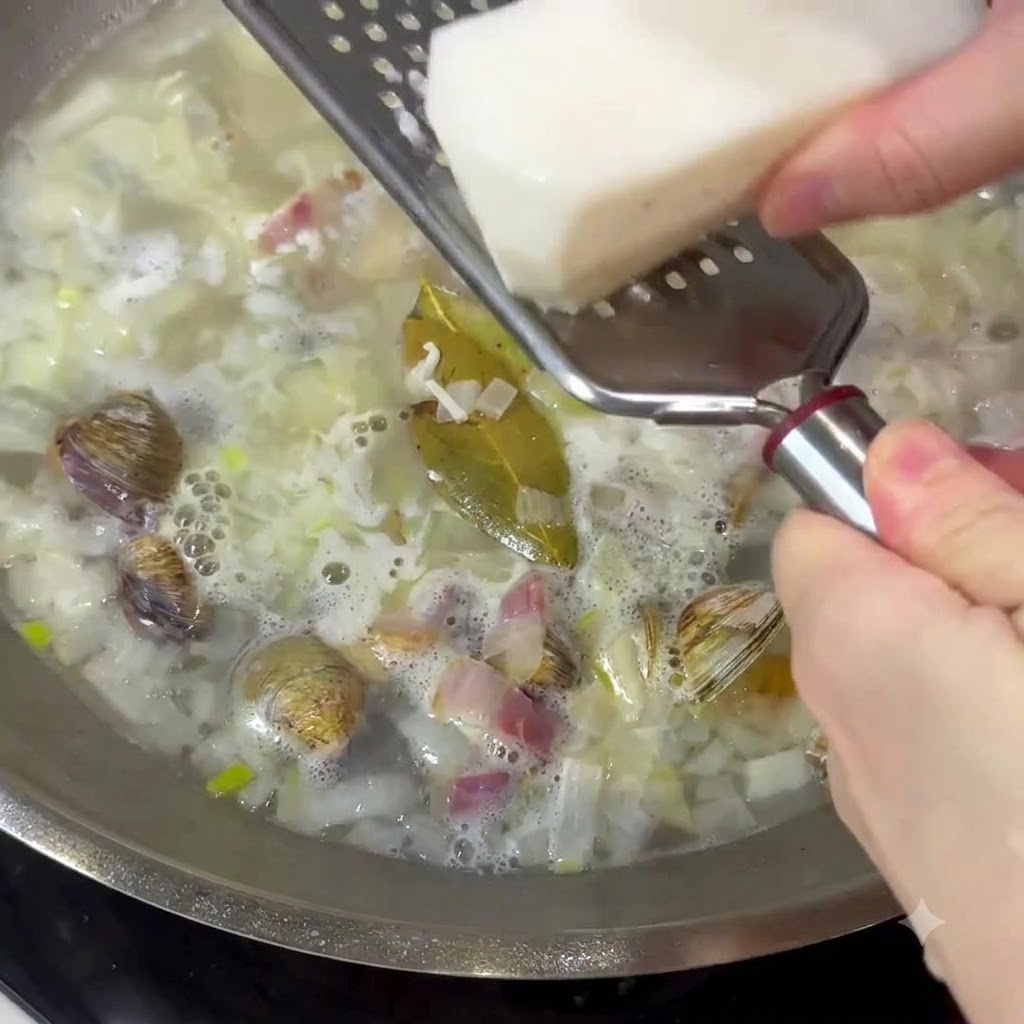 De ligname fraîche râpée avec une râpe en métal directement dans un bouillon frémissant contenant des palourdes et des oignons.