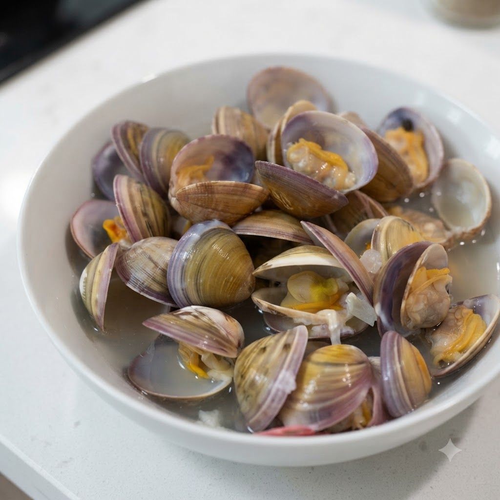 Une petite cuillère ajoutant du sel blanc dans un bol blanc rempli de soupe crémeuse aux palourdes et de coquillages ouverts.