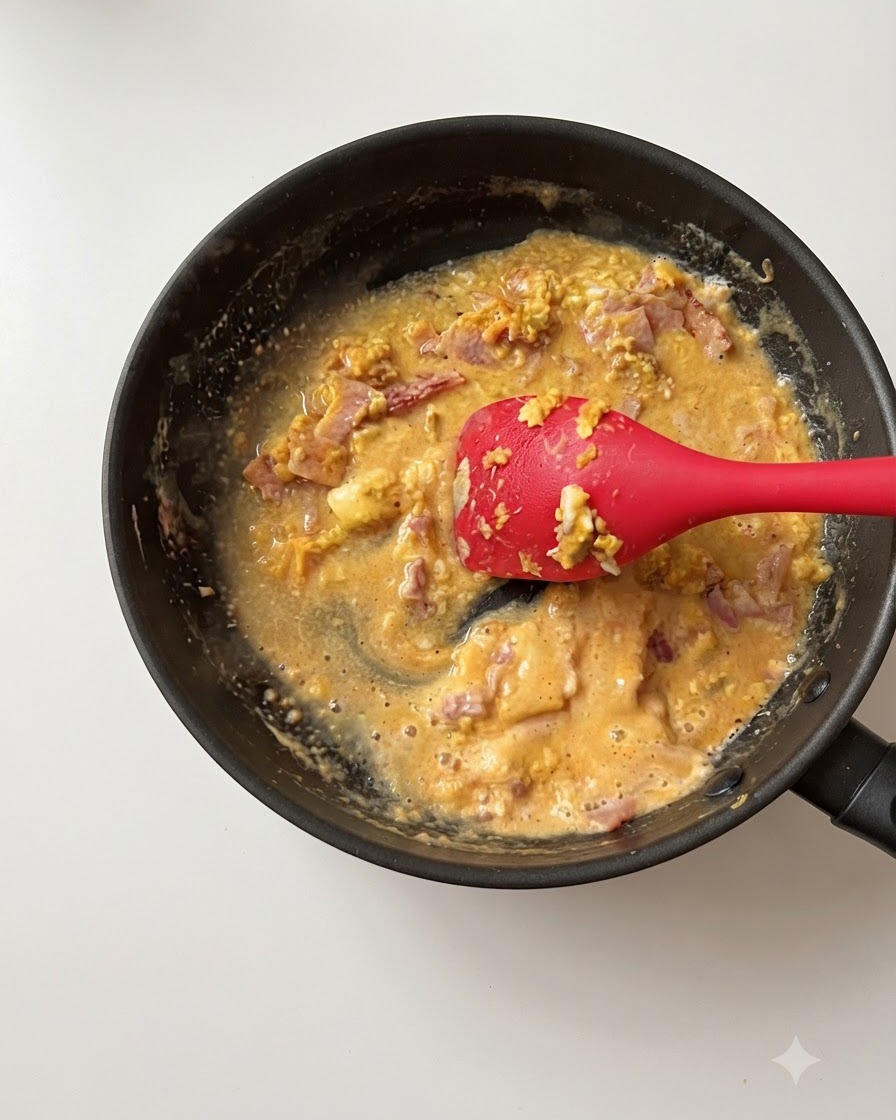 Une spatule en silicone rouge remuant une sauce dorée épaississante aux œufs salés et au bacon dans une poêle.