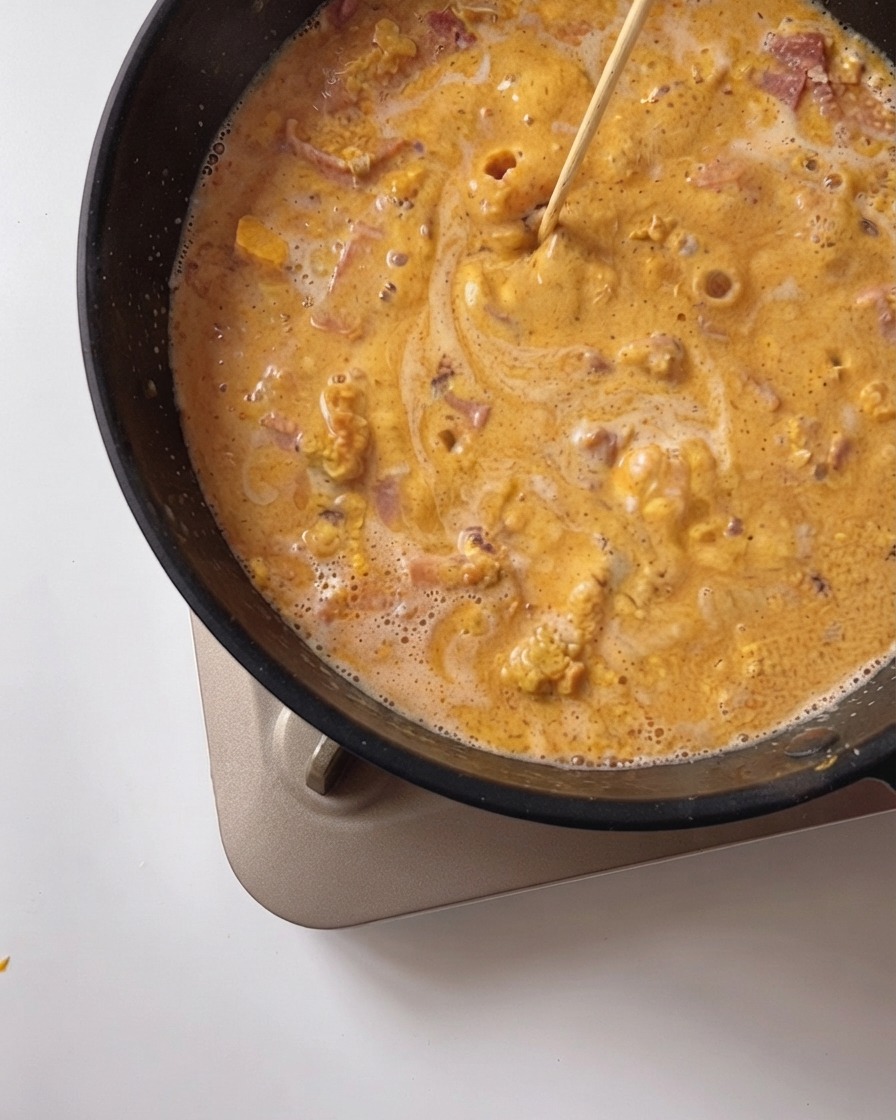 De la crème fraîche versée et incorporée dans la sauce frémissante de la poêle.