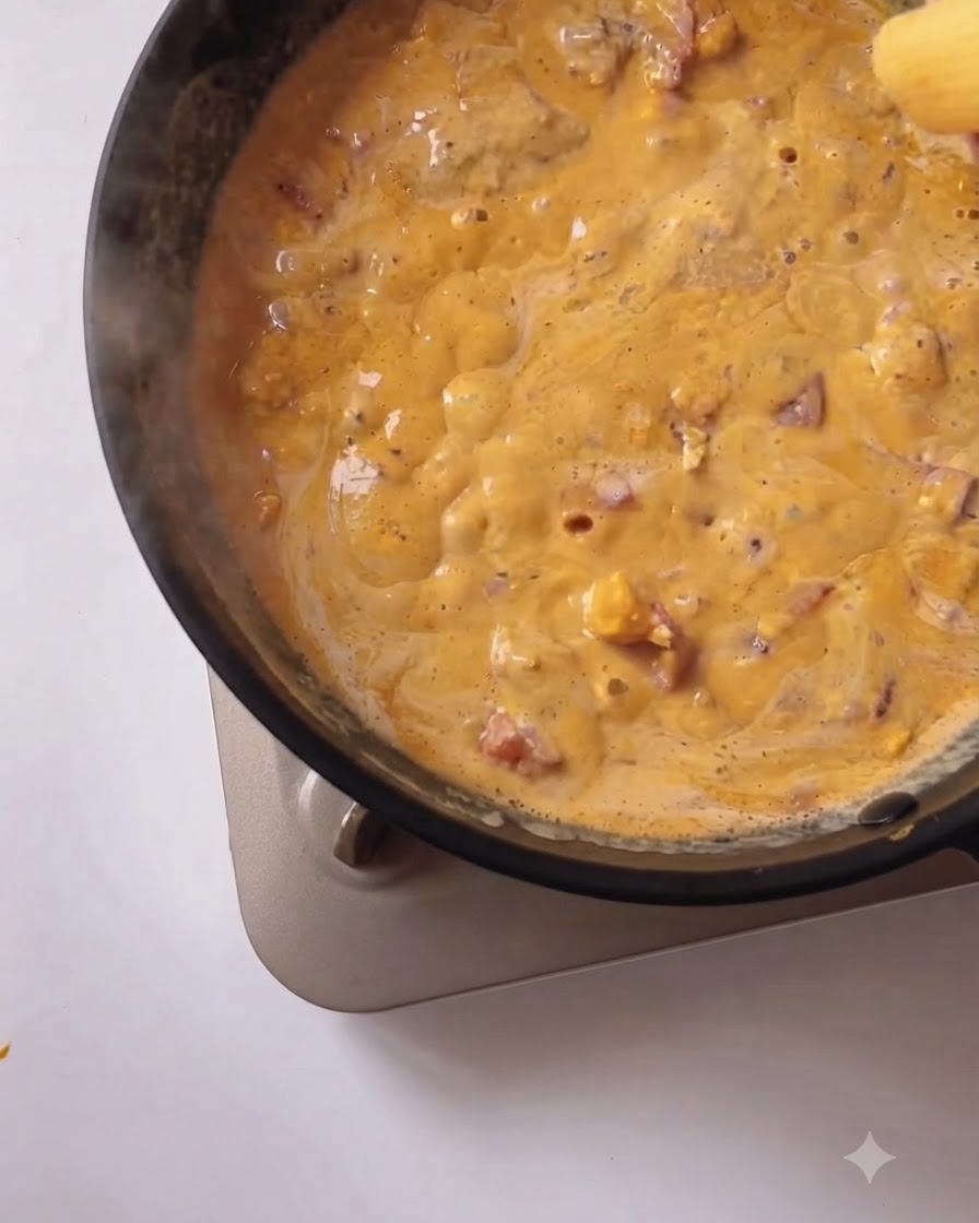 Des morceaux de pâtes cuites jetés dans la sauce riche et crémeuse de la poêle.