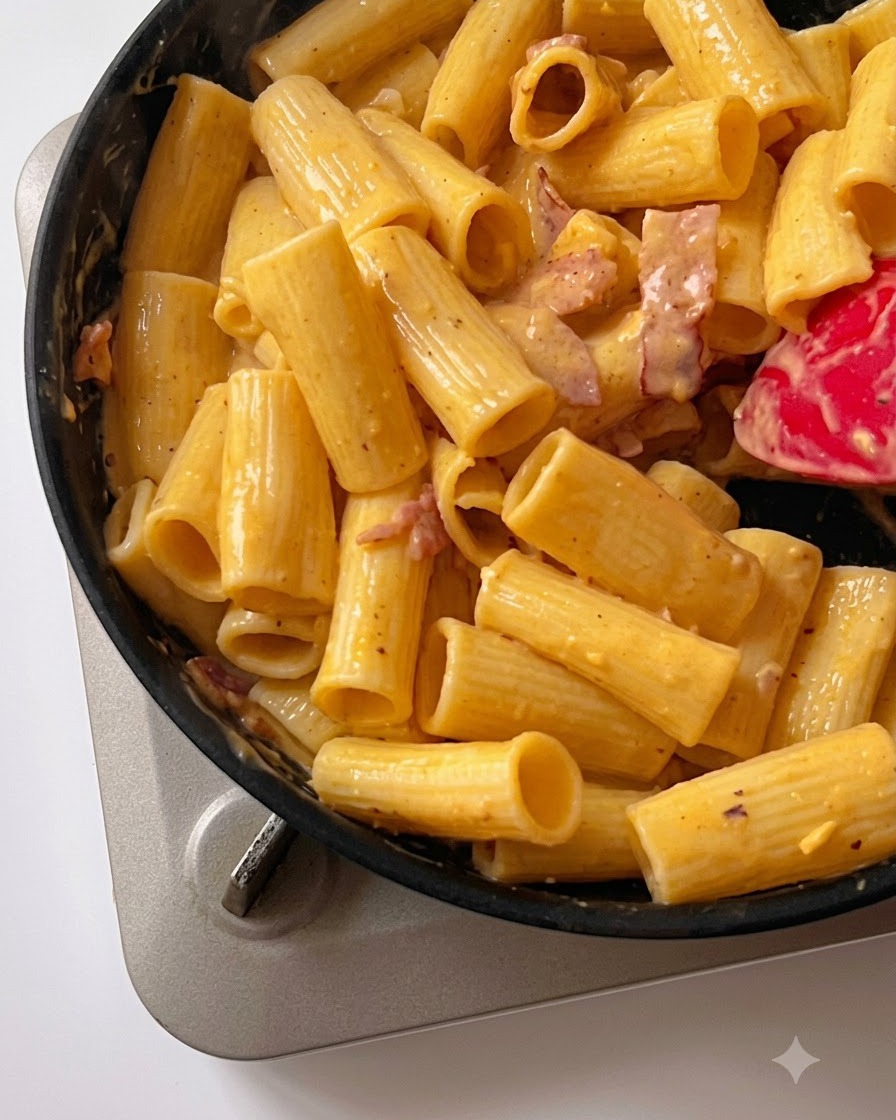 Des assaisonnements saupoudrés sur le mélange de pâtes et de sauce dans la poêle.