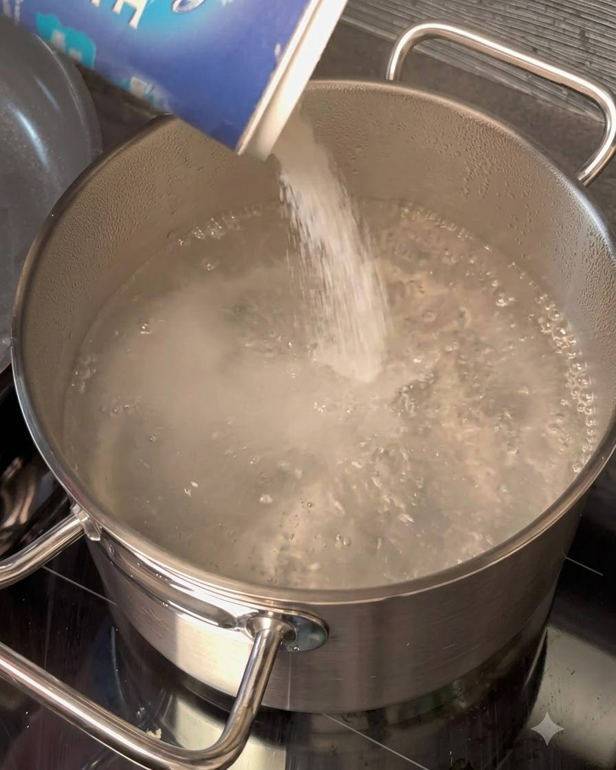 Du gros sel versé dune boîte bleue dans une casserole en acier inoxydable remplie deau bouillante.