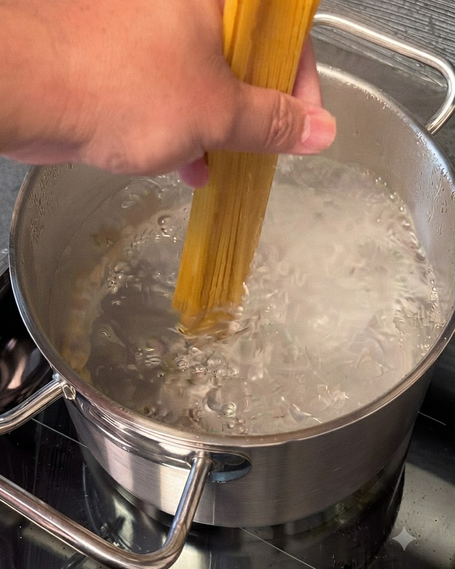 Une poignée de spaghettis épais numéro 7 plongés dans une casserole deau bouillante.