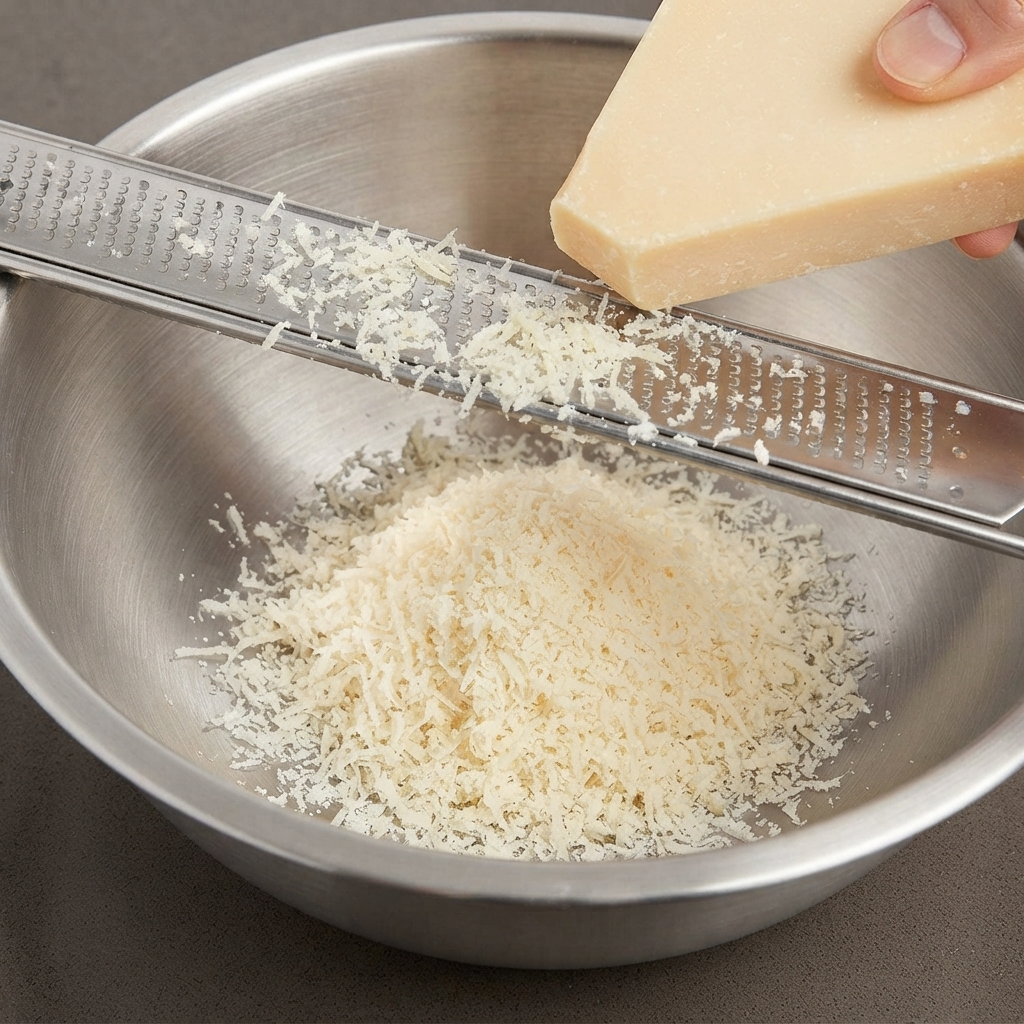 Du fromage parmesan râpé à laide dune râpe en métal au-dessus du bol mélangeur.