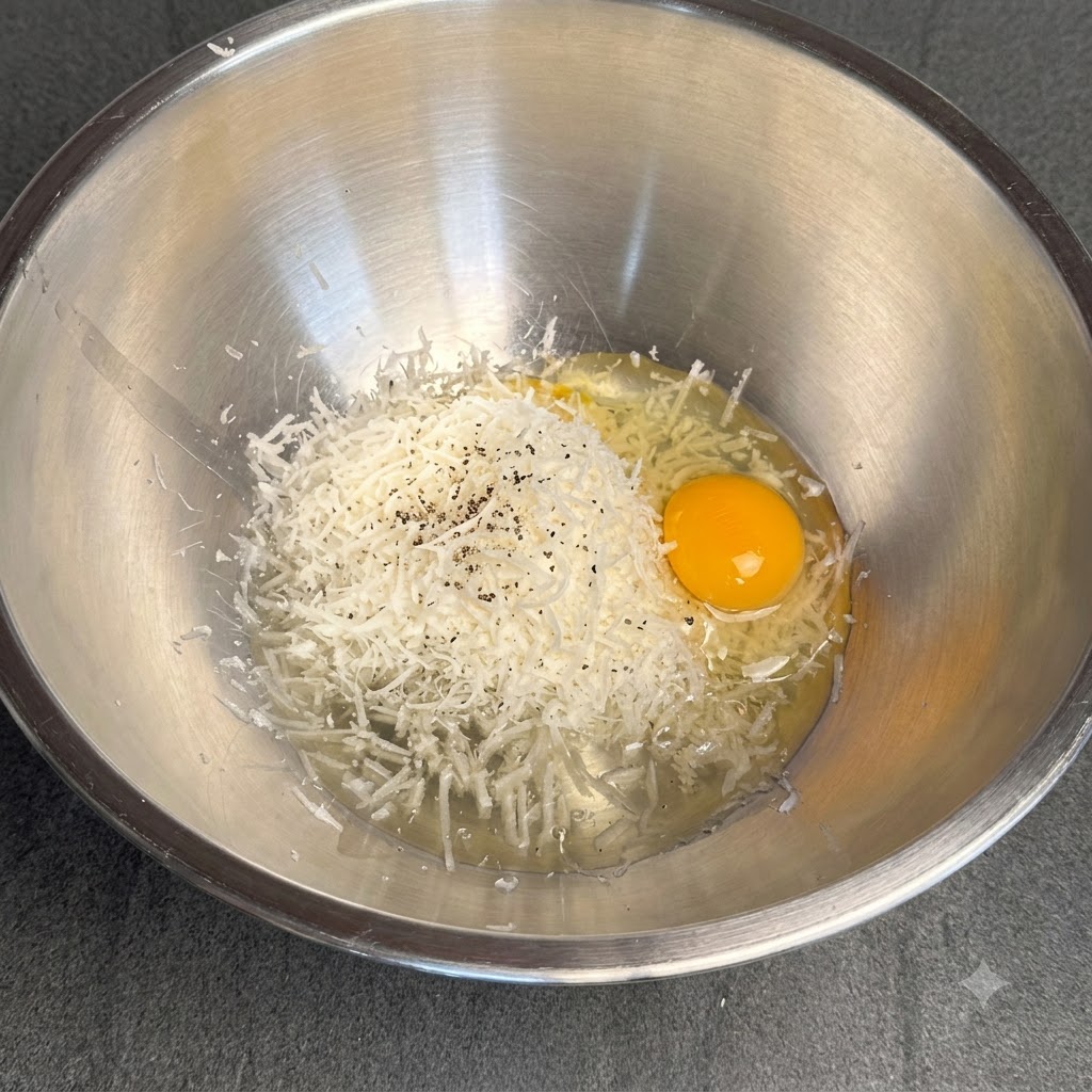 Une pincée de poivre noir saupoudrée sur le fromage râpé et un jaune dœuf à lintérieur dun bol mélangeur en métal.