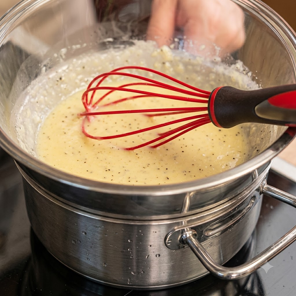 Un bol mélangeur en verre contenant la sauce réchauffé au-dessus dune casserole fumante à laide dun fouet rouge.