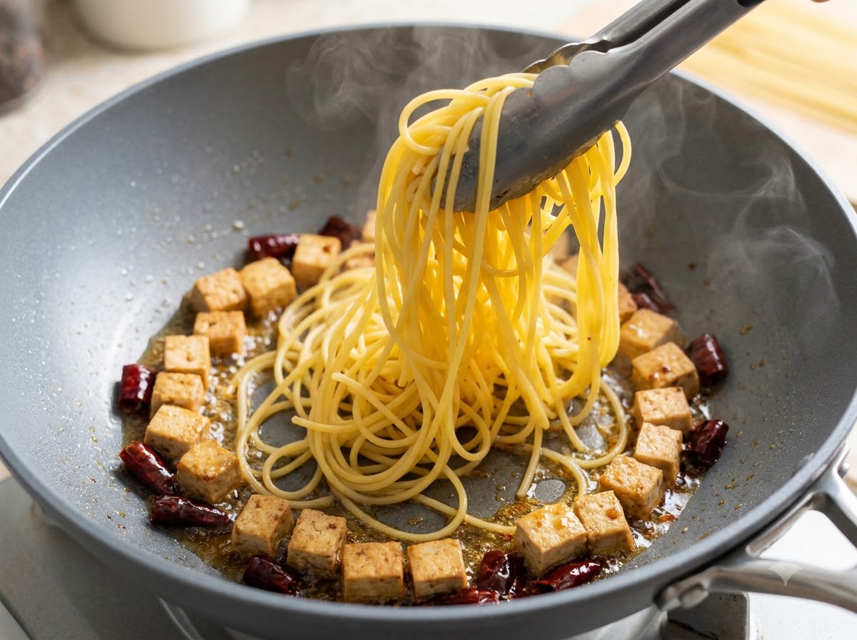 Des nouilles de spaghettis soulevées avec des pinces dans une poêle à frire contenant du porc en dés.