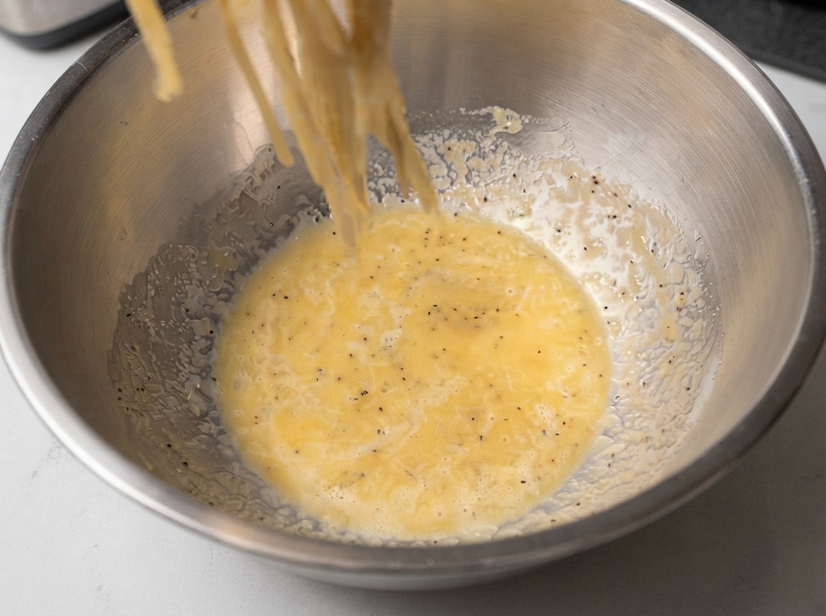De longs brins de spaghettis chauds soulevés et versés dune poêle dans le bol contenant la sauce aux œufs et au fromage préparée.