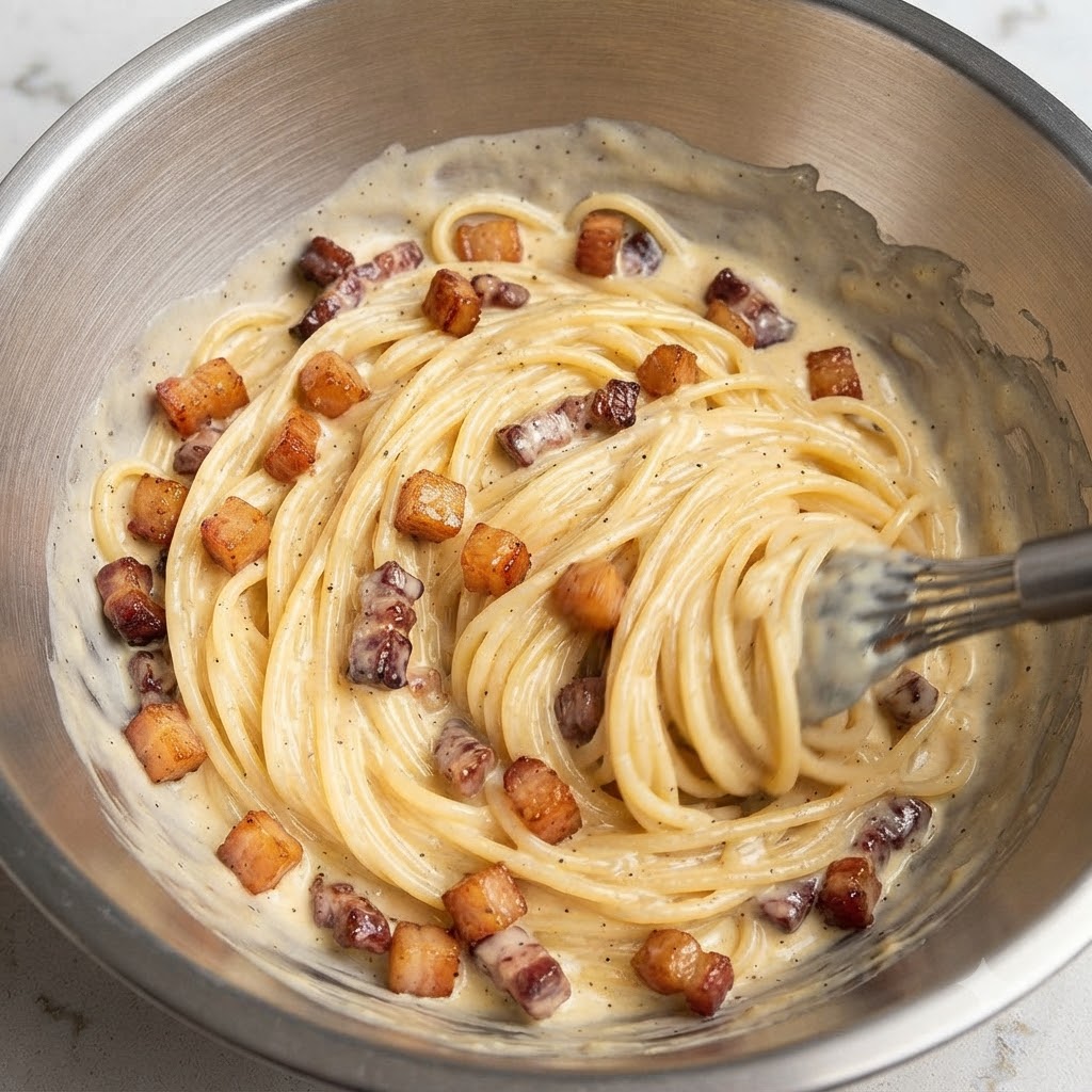 Des spaghettis mélangés à des morceaux de bacon croustillant vigoureusement remués avec un fouet à lintérieur dun bol en métal pour créer une sauce crémeuse.