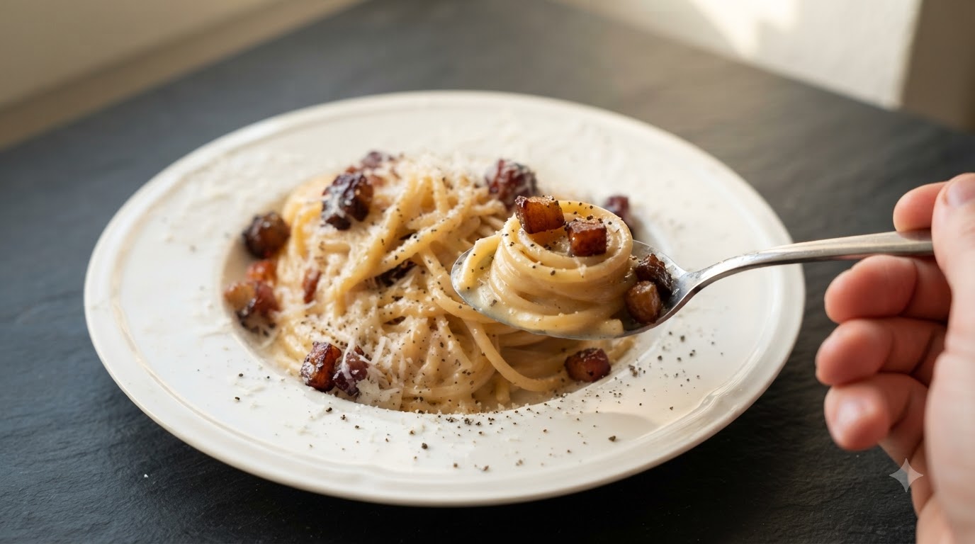 Une assiette de spaghettis carbonara crémeux garnis de dés de bacon croustillants, de parmesan râpé et de poivre noir fraîchement concassé.