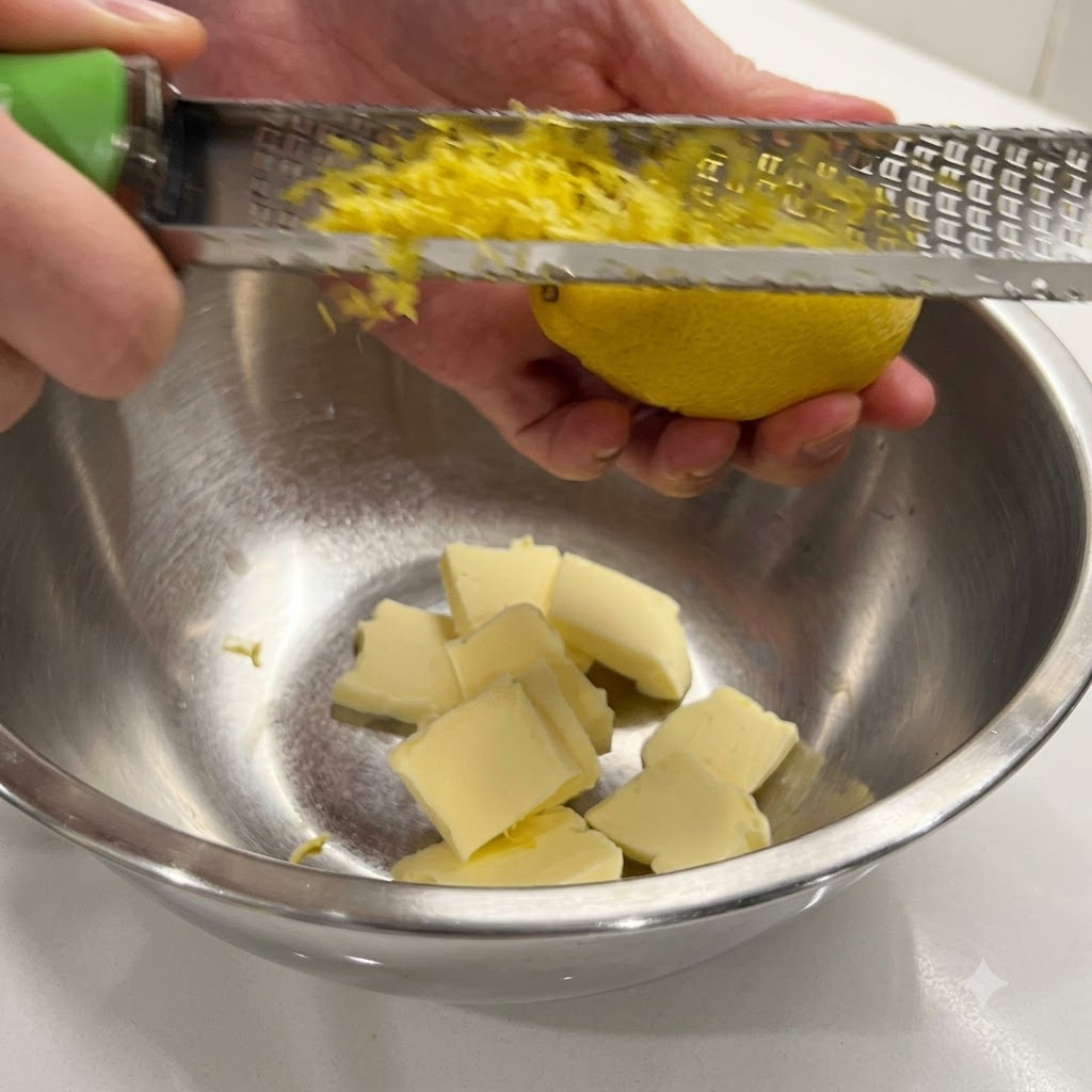 Une main râpant un citron frais au-dessus dun bol en métal rempli de cubes de beurre.