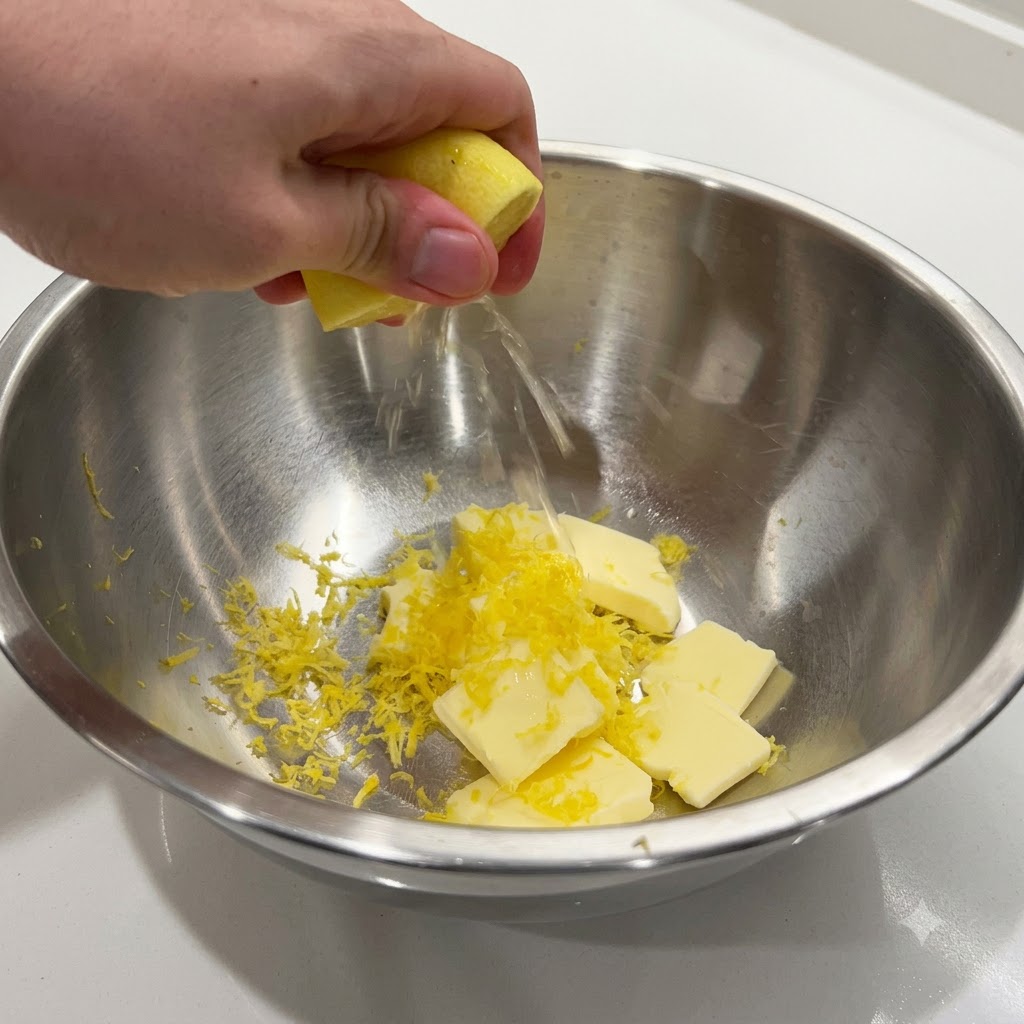 Une main pressant un demi-citron pour extraire le jus dans le bol contenant le beurre et le zeste.