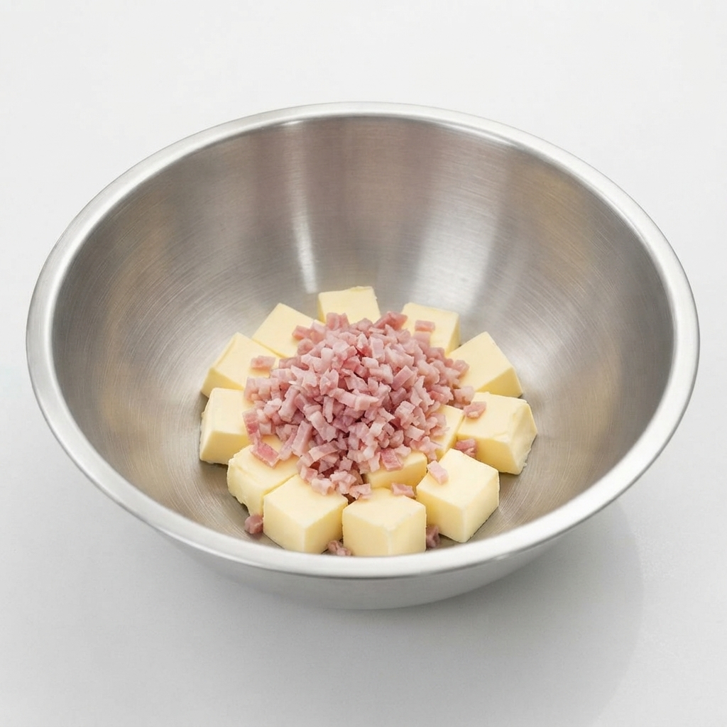 Un tas de bacon émincé posé sur le mélange de beurre et de citron dans un bol en métal.