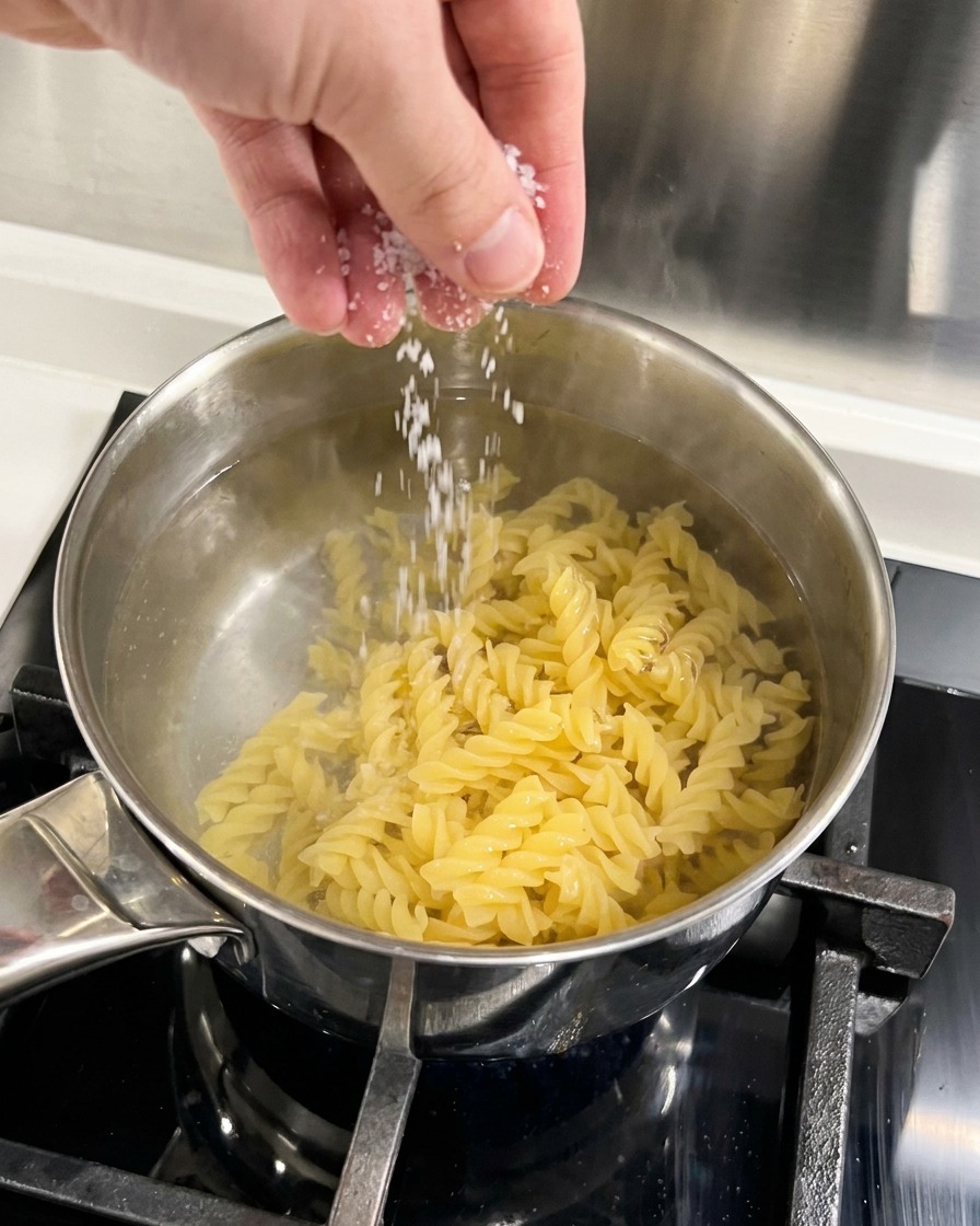 Une main jetant du gros sel dans une casserole deau bouillante avec des pâtes spirales.