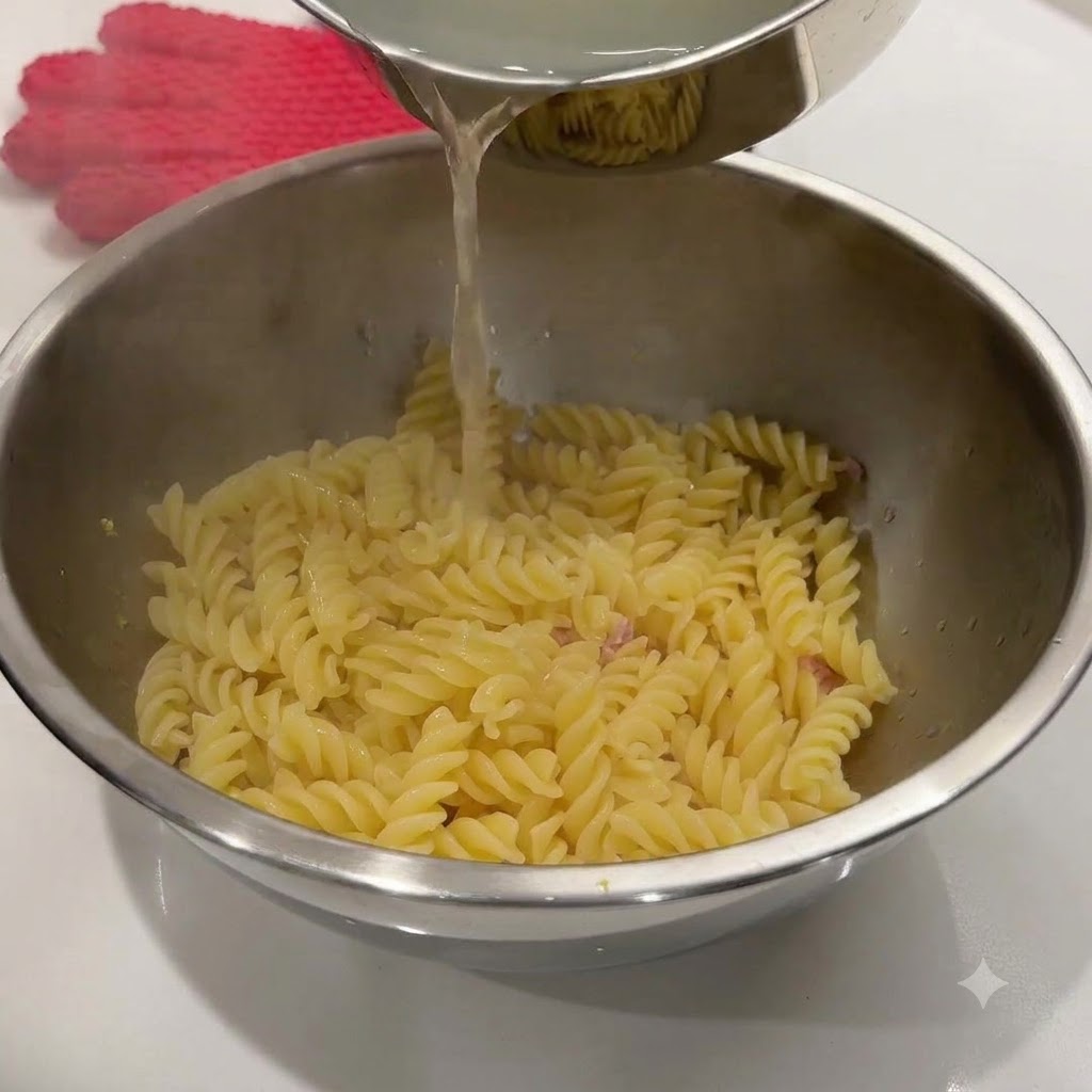 Verser de leau de cuisson bouillante dans le bol contenant les pâtes chaudes.