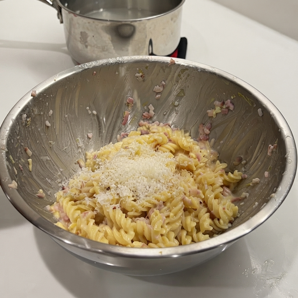 Du parmesan fraîchement râpé disposé sur les pâtes spirales dans un bol.