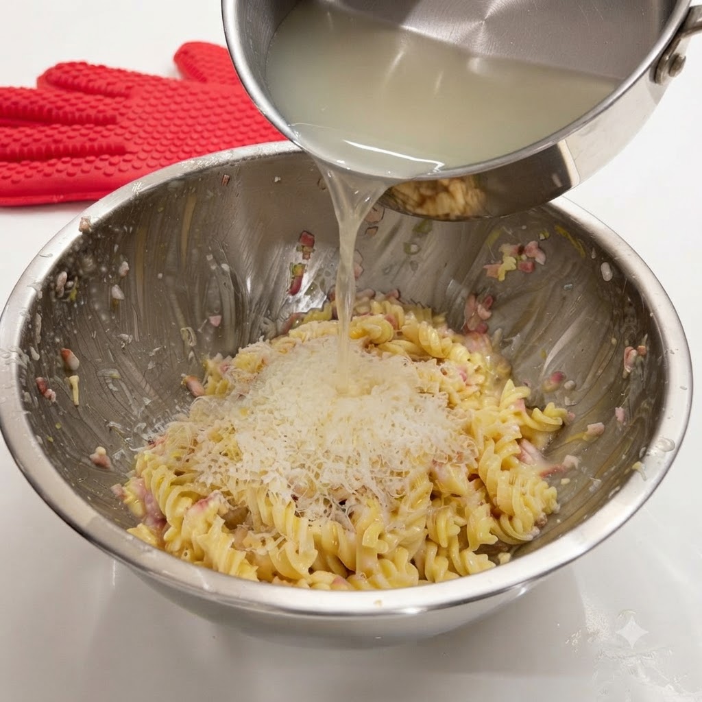 Verser de leau de cuisson sur le parmesan et les pâtes spirales.