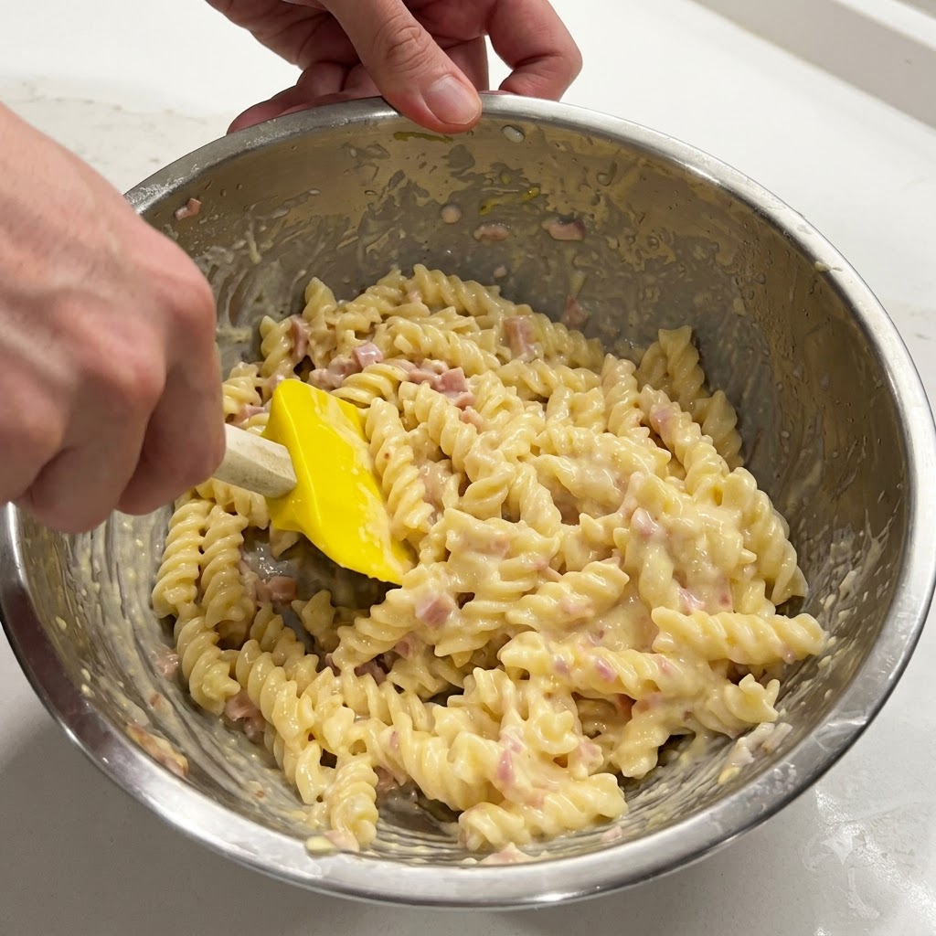 Mélanger les pâtes dans un bol avec une spatule jaune pour lier la sauce au citron.