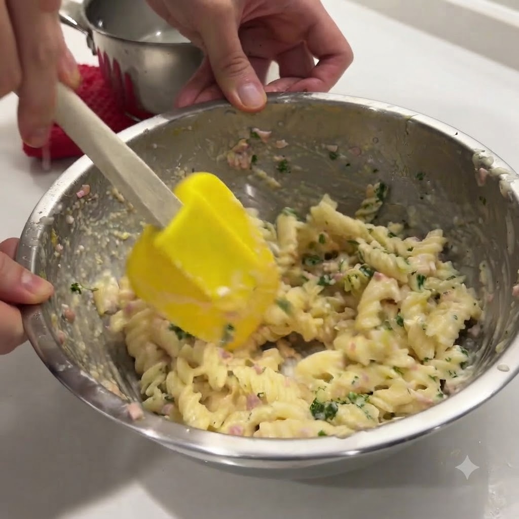 Une spatule jaune incorporant le persil dans les pâtes spirales crémeuses.