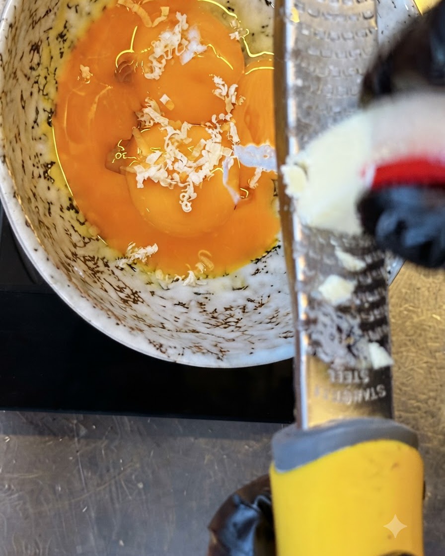 Un bloc de fromage sec râpé sur des jaunes dœufs de couleur orange vif dans un bol moucheté.
