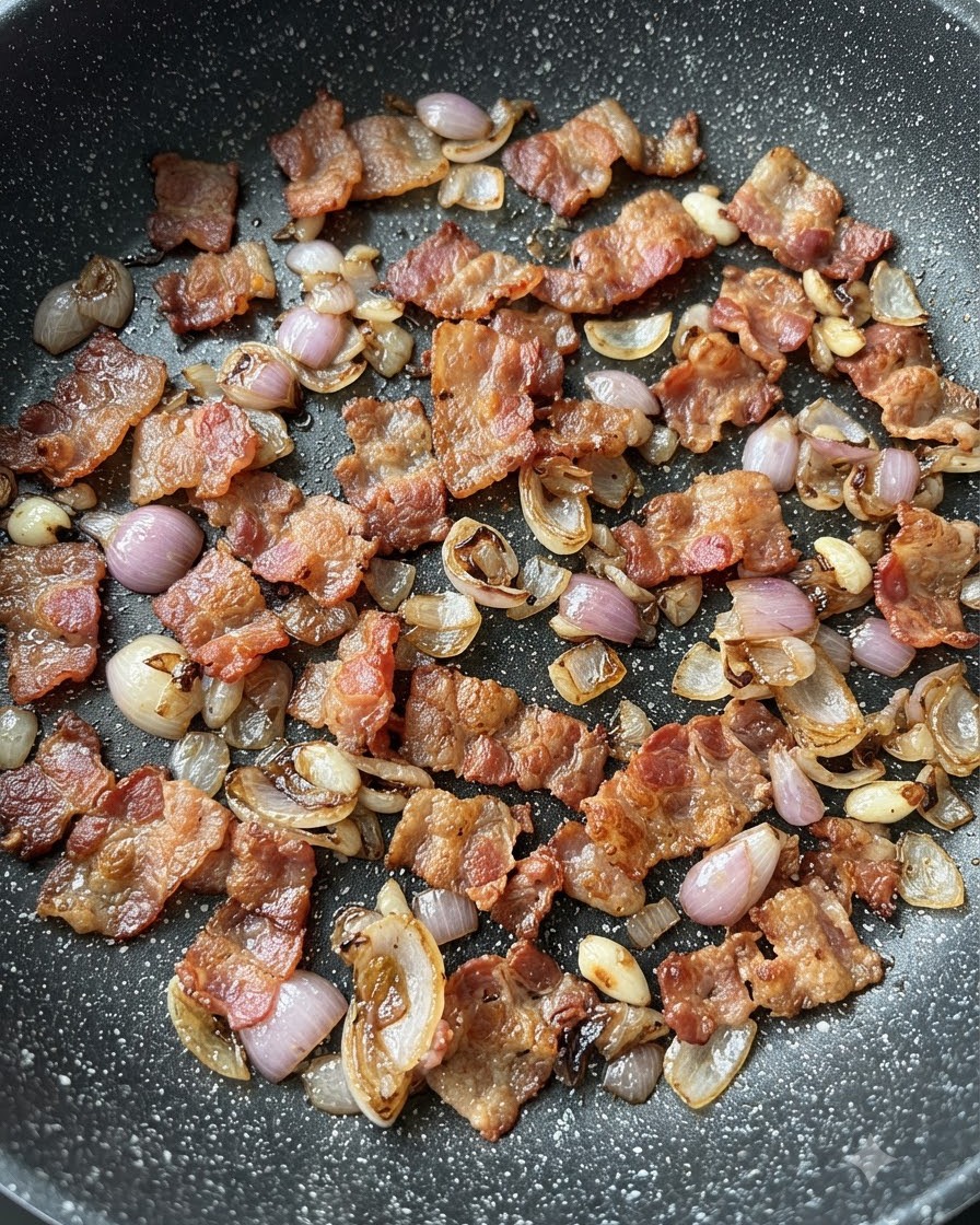 Des morceaux de bacon et des morceaux doignon rouge en train dêtre sautés ensemble dans une poêle foncée mouchetée.