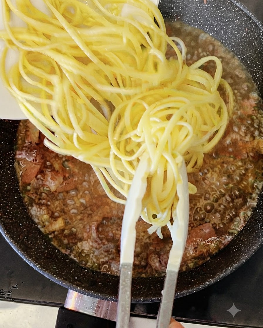 Des nouilles de spaghetti jaunes cuites ajoutées à laide de pinces dans une poêle bouillante de liquide et de bacon.