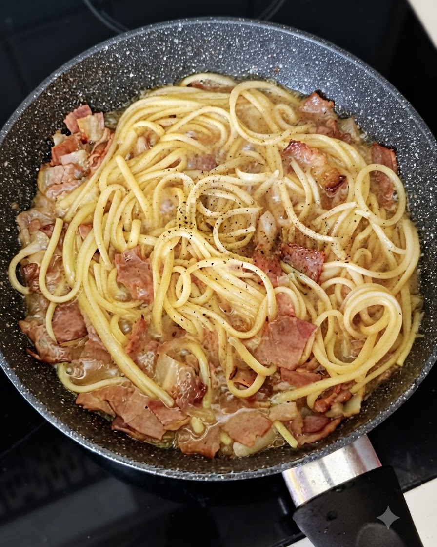 Du poivre noir fraîchement moulu sur des spaghettis, du bacon et des oignons mijotant dans une poêle.