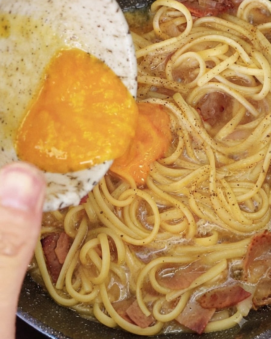 Un bol contenant un mélange jaune de fromage et de jaunes dœufs versé sur des spaghettis chauds et du bacon dans une poêle.