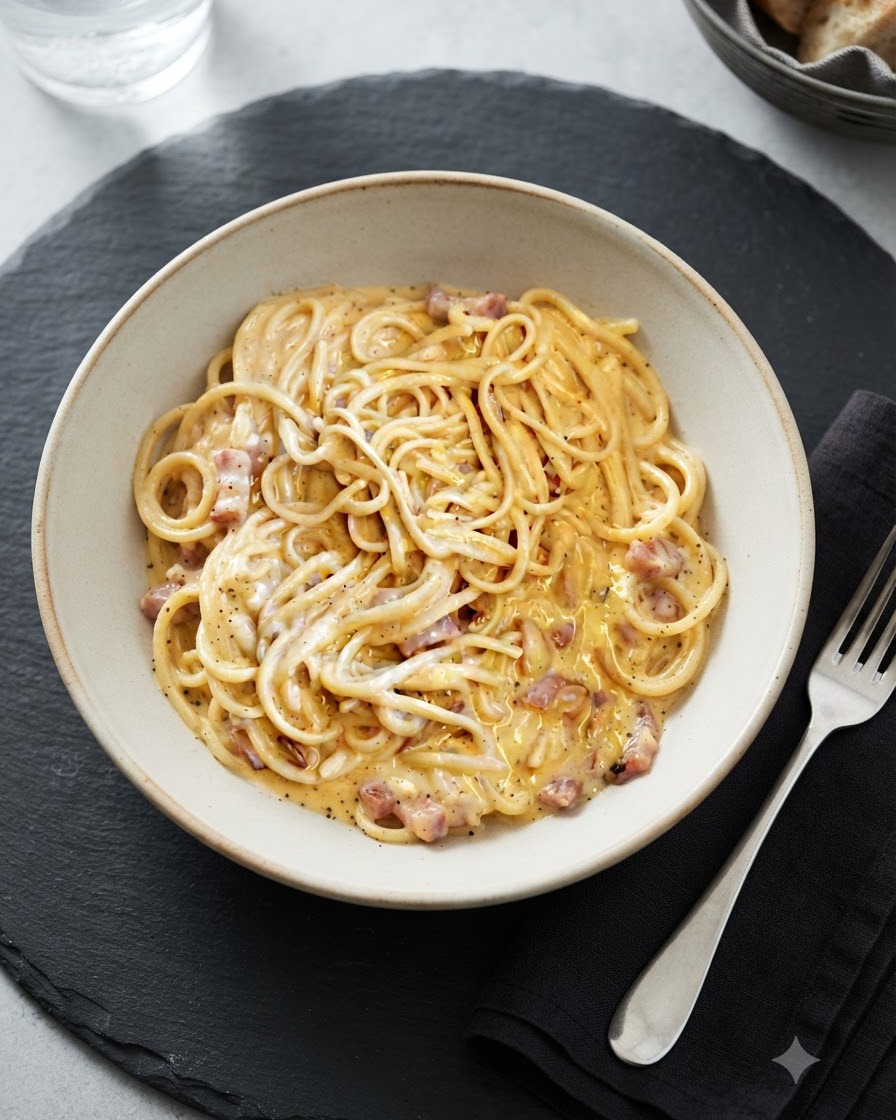 Des pâtes carbonara crémeuses dans un large bol en céramique placé sur une planchette en ardoise foncée avec une fourchette sur une serviette.