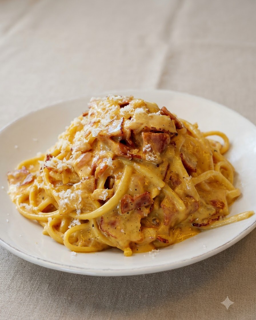 Du fromage sec frais râpé sur un dôme de pâtes carbonara crémeuses dans une assiette blanche.