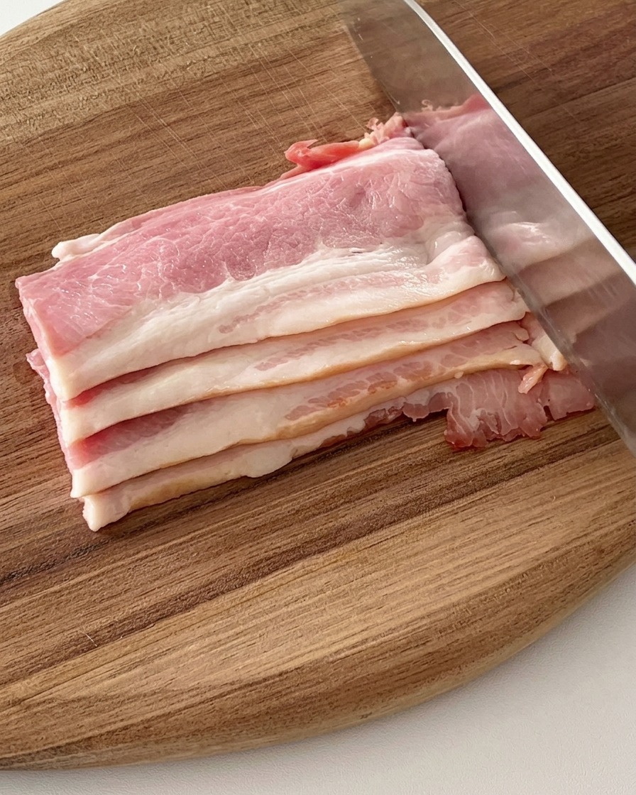 Des tranches de bacon coupées en morceaux plus petits sur une planche à découper en bois avec un couteau.