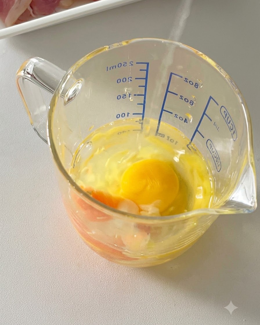 Des œufs, du parmesan râpé et du poivre noir combinés dans une tasse à mesurer en verre.