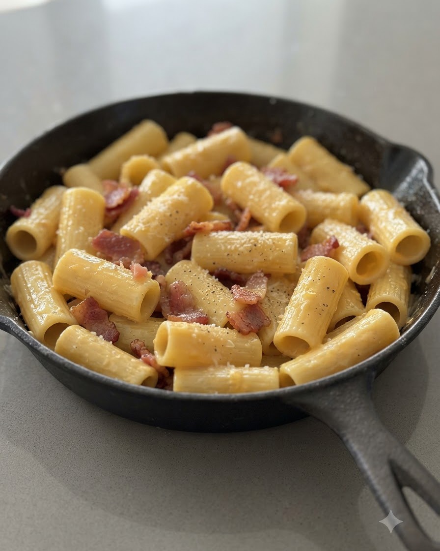 Une sauce crémeuse aux œufs et au fromage mélangée avec les rigatoni et le bacon dans une poêle en fonte.