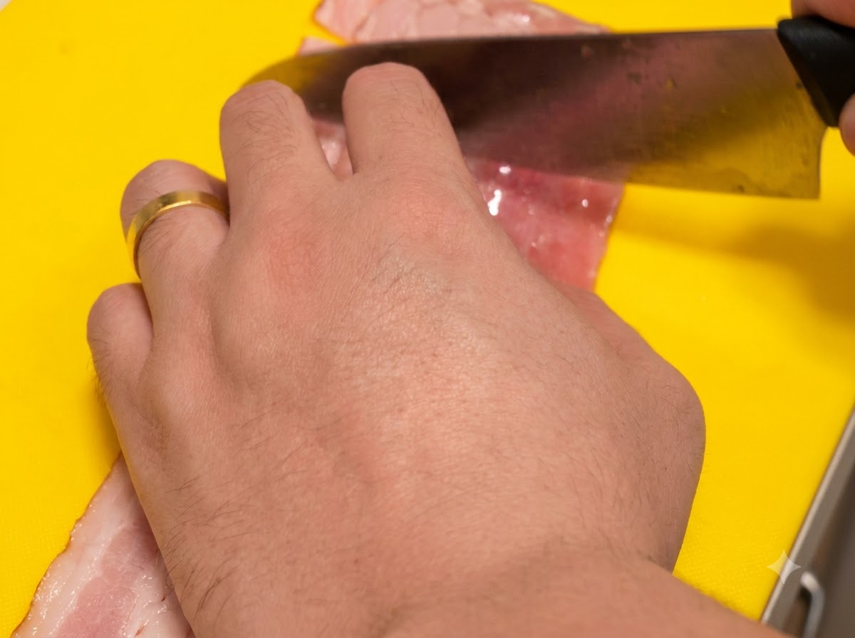 Couteau tranchant des lanières de bacon cru en petits rectangles sur une planche jaune.